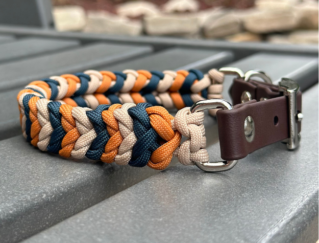Coiled Charm Hand Braided Dog Collar in Mustard, Navy, & Light Tan - HT Animal Supply