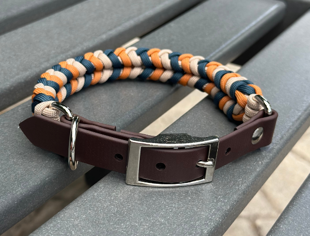 Coiled Charm Hand Braided Dog Collar in Mustard, Navy, & Light Tan - HT Animal Supply