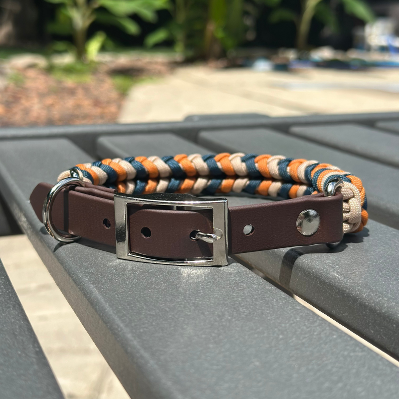 Coiled Charm Hand Braided Dog Collar in Mustard, Navy, & Light Tan - HT Animal Supply