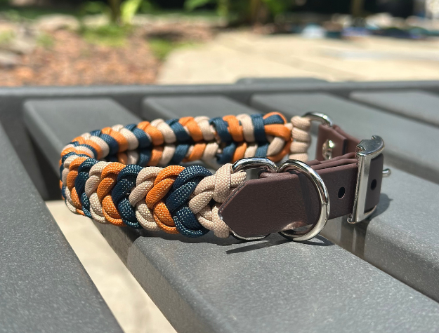 Coiled Charm Hand Braided Dog Collar in Mustard, Navy, & Light Tan - HT Animal Supply