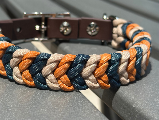 Coiled Charm Hand Braided Dog Collar in Mustard, Navy, & Light Tan - HT Animal Supply