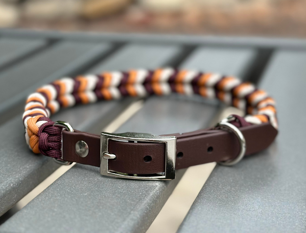 Coiled Charm Hand Braided Dog Collar in Mustard, Burgundy, & Cream - HT Animal Supply
