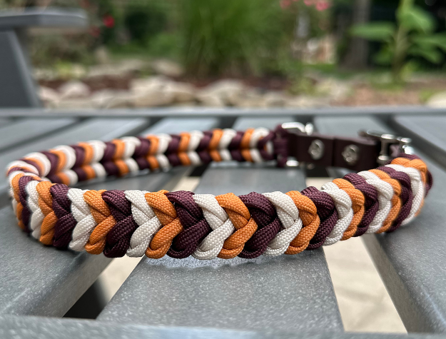 Coiled Charm Hand Braided Dog Collar in Mustard, Burgundy, & Cream - HT Animal Supply