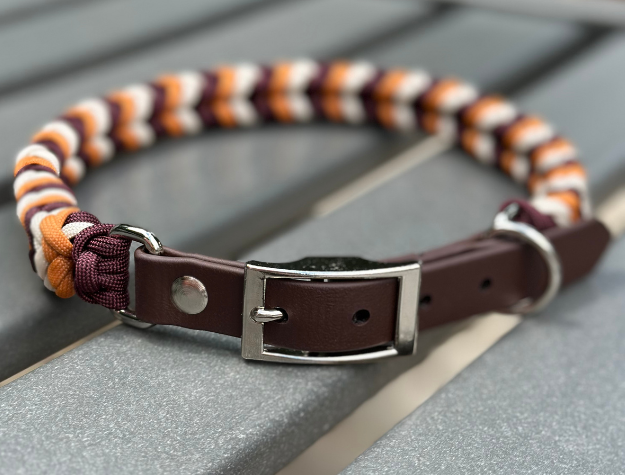 Coiled Charm Hand Braided Dog Collar in Mustard, Burgundy, & Cream - HT Animal Supply