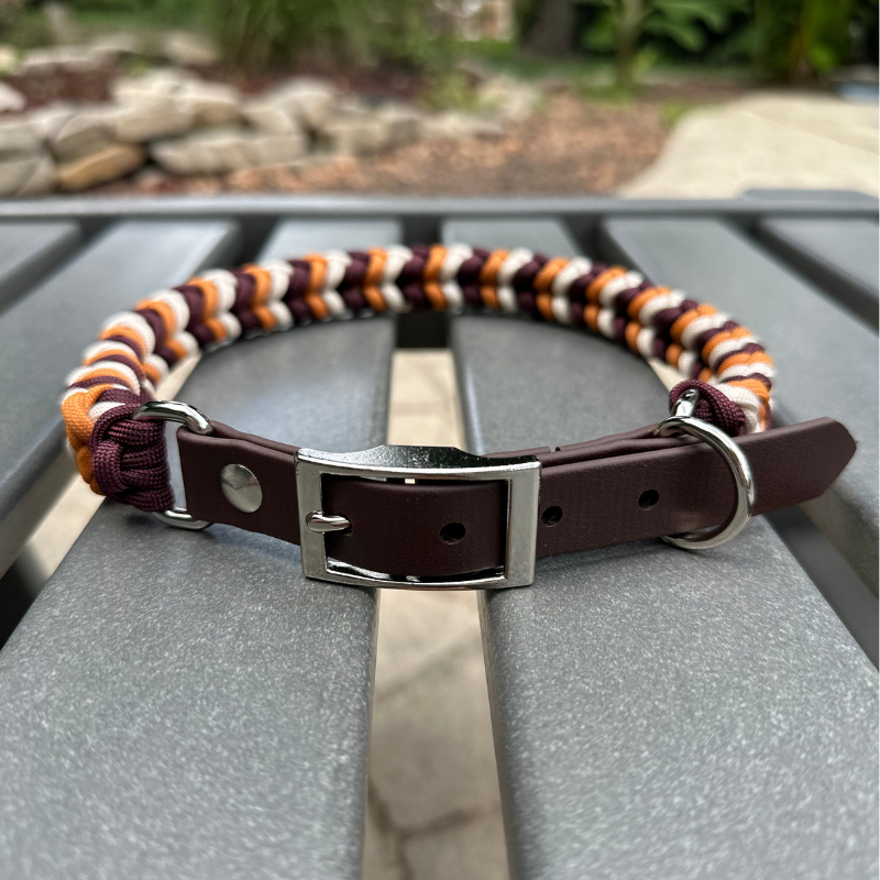 Coiled Charm Hand Braided Dog Collar in Mustard, Burgundy, & Cream - HT Animal Supply