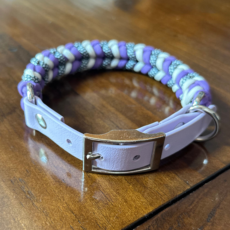 Coiled Charm Hand Braided Dog Collar in Lilac, Cream, & Silver Diamonds - HT Animal Supply