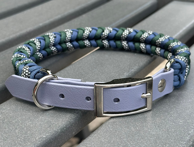 Coiled Charm Hand Braided Dog Collar in Navy, Emerald Green, & Silver Diamonds