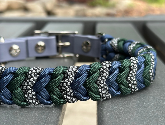 Coiled Charm Hand Braided Dog Collar in Navy, Emerald Green, & Silver Diamonds - HT Animal Supply