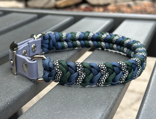 Coiled Charm Hand Braided Dog Collar in Navy, Emerald Green, & Silver Diamonds - HT Animal Supply