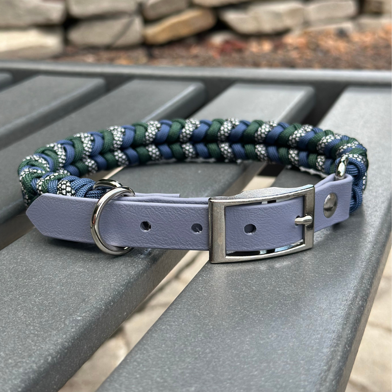 Coiled Charm Hand Braided Dog Collar in Navy, Emerald Green, & Silver Diamonds - HT Animal Supply