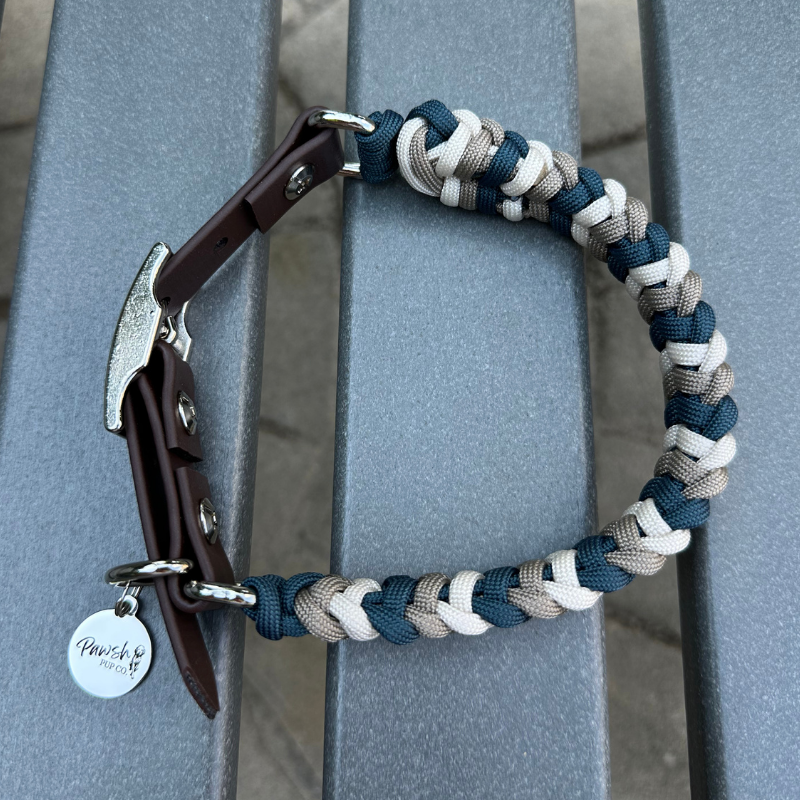 Coiled Charm Hand Braided Dog Collar in Navy, Tan, & Cream - HT Animal Supply