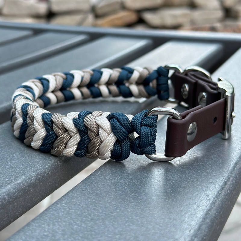 Coiled Charm Hand Braided Dog Collar in Navy, Tan, & Cream - HT Animal Supply
