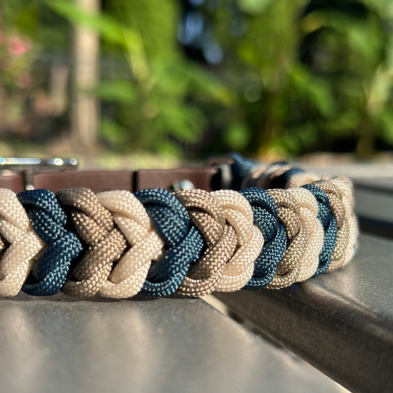 Coiled Charm Hand Braided Dog Collar in Navy, Tan, & Cream - HT Animal Supply