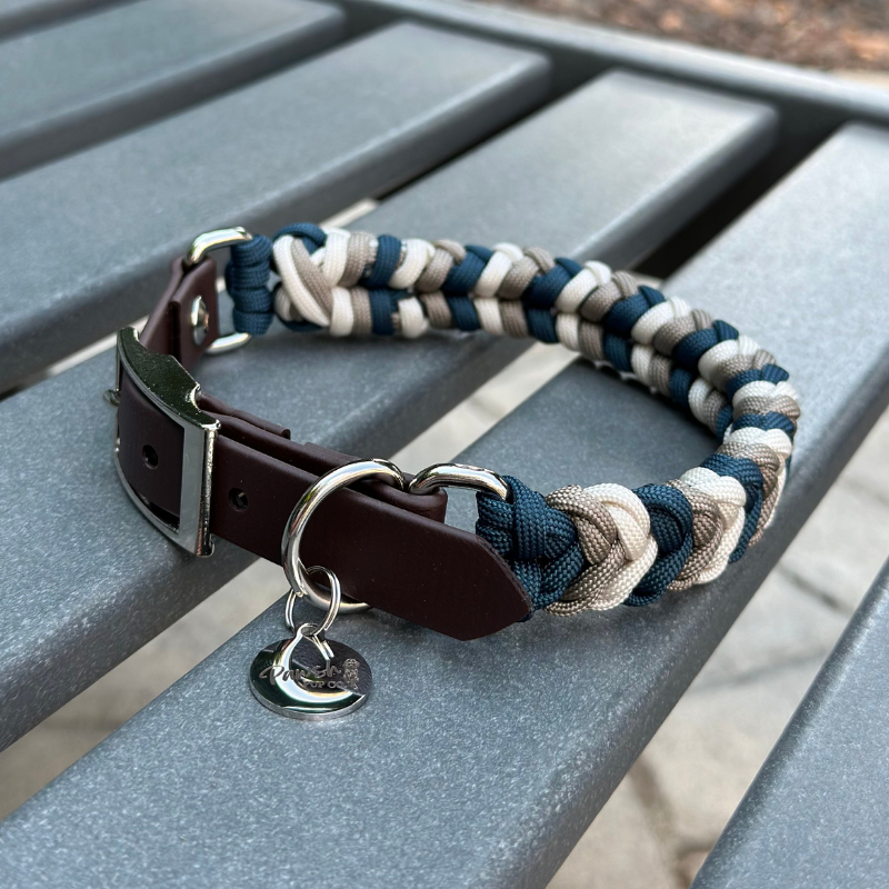 Coiled Charm Hand Braided Dog Collar in Navy, Tan, & Cream - HT Animal Supply