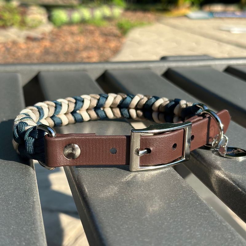 Coiled Charm Hand Braided Dog Collar in Navy, Tan, & Cream - HT Animal Supply