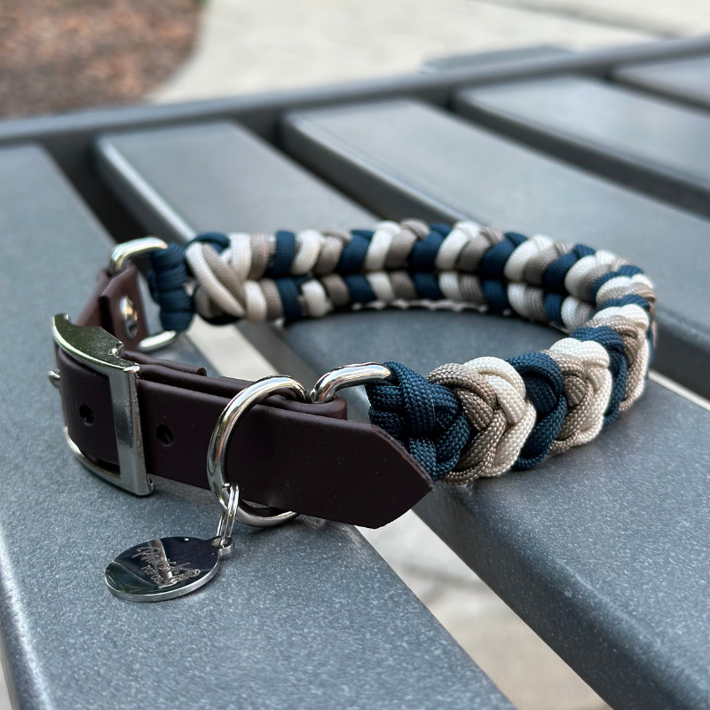 Coiled Charm Hand Braided Dog Collar in Navy, Tan, & Cream - HT Animal Supply
