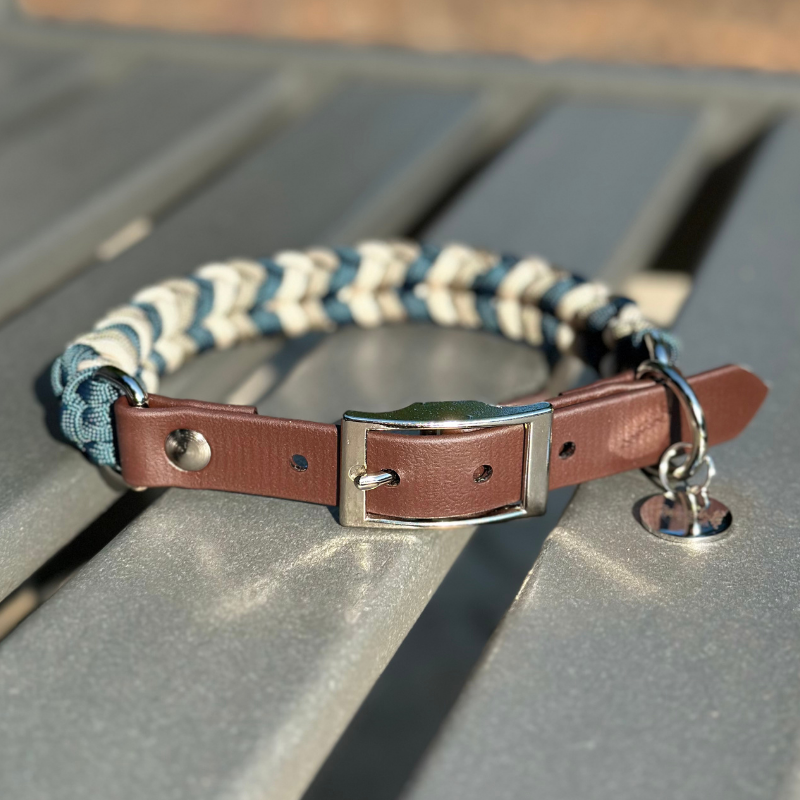 Coiled Charm Hand Braided Dog Collar in Navy, Tan, & Cream - HT Animal Supply