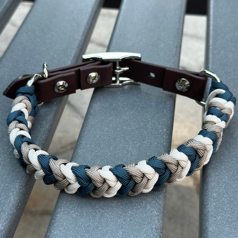 Coiled Charm Hand Braided Dog Collar in Navy, Tan, & Cream - HT Animal Supply