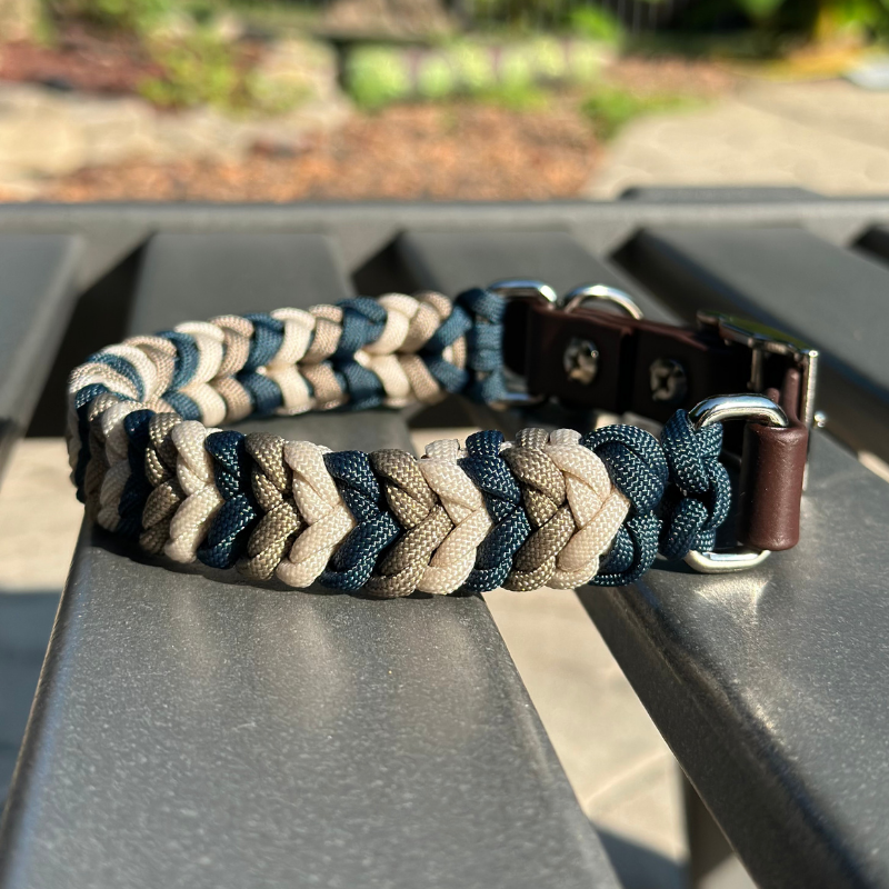 Coiled Charm Hand Braided Dog Collar in Navy, Tan, & Cream - HT Animal Supply