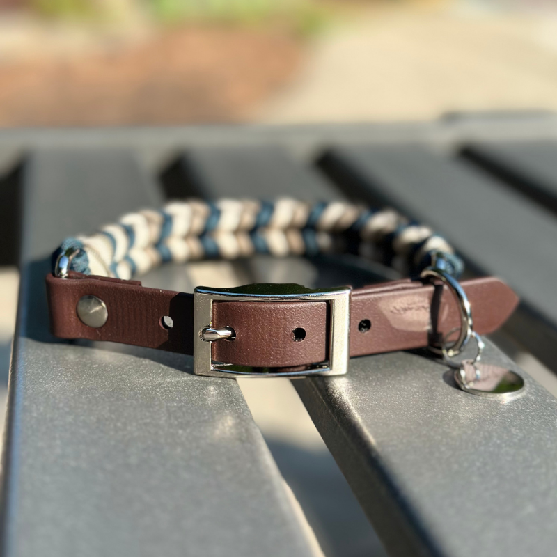 Coiled Charm Hand Braided Dog Collar in Navy, Tan, & Cream - HT Animal Supply