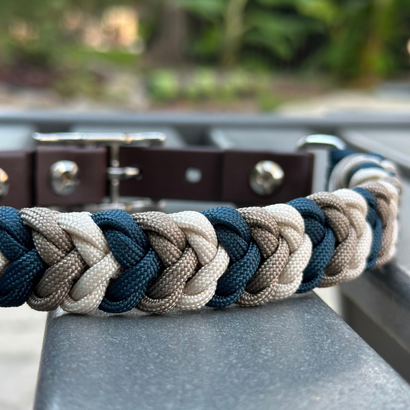 Coiled Charm Hand Braided Dog Collar in Navy, Tan, & Cream - HT Animal Supply