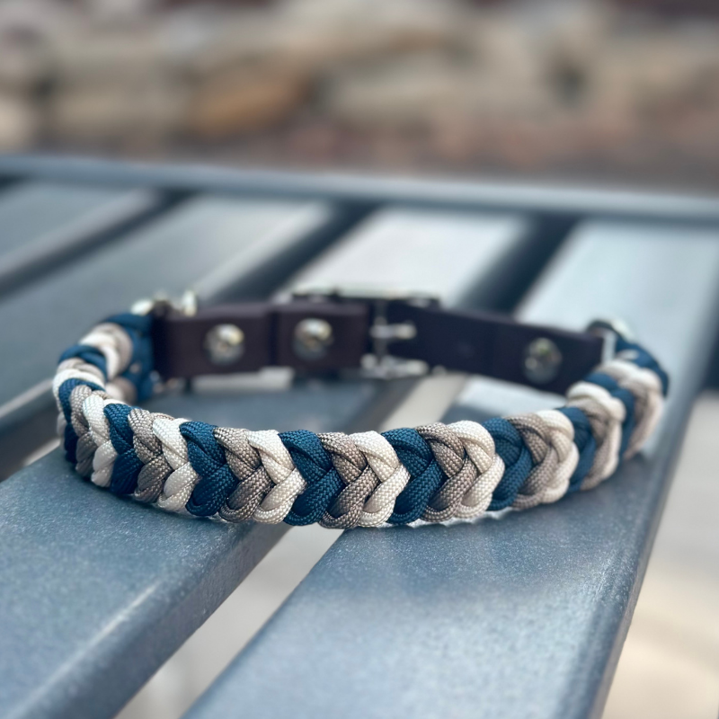 Coiled Charm Hand Braided Dog Collar in Navy, Tan, & Cream - HT Animal Supply
