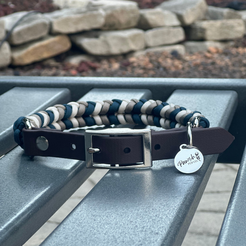 Coiled Charm Hand Braided Dog Collar in Navy, Tan, & Cream - HT Animal Supply