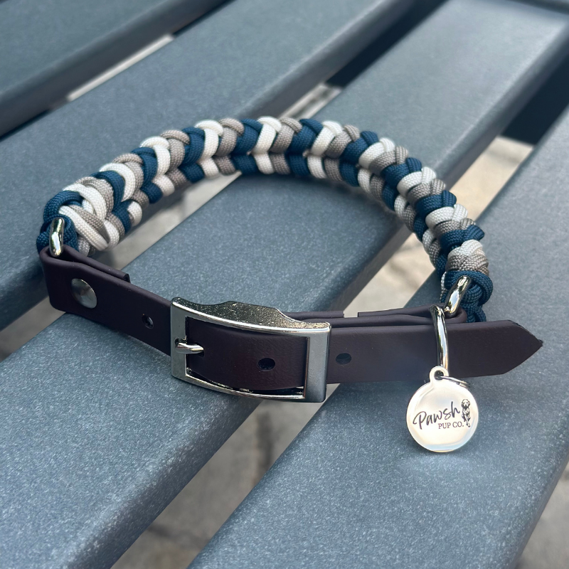 Coiled Charm Hand Braided Dog Collar in Navy, Tan, & Cream - HT Animal Supply