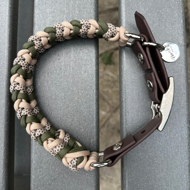 Coiled Charm Hand Braided Dog Collar in Olive, Light Tan, & Coyote Brown Diamonds - HT Animal Supply
