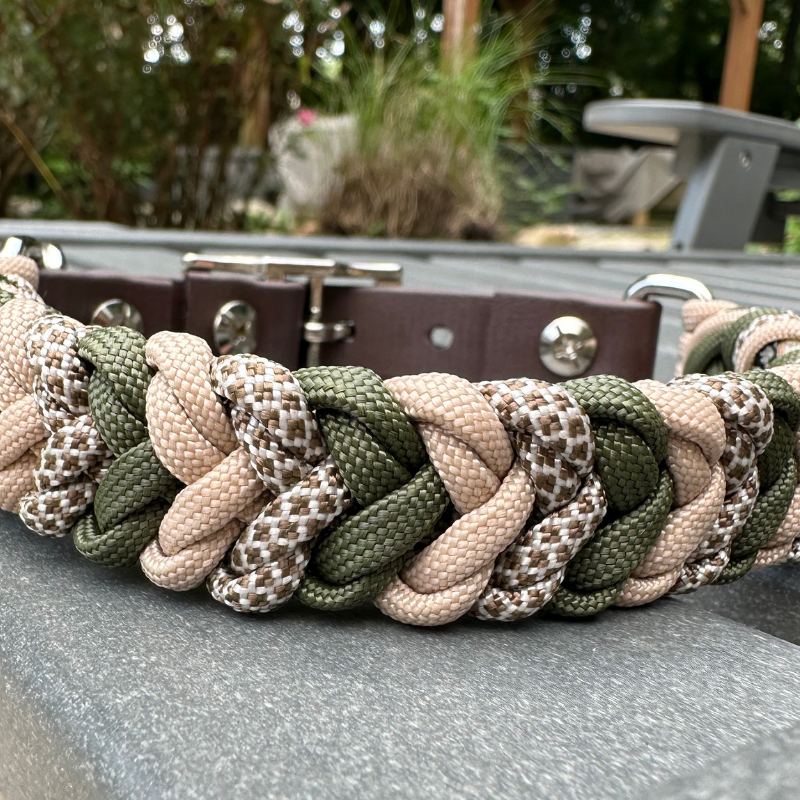 Coiled Charm Hand Braided Dog Collar in Olive, Light Tan, & Coyote Brown Diamonds - HT Animal Supply