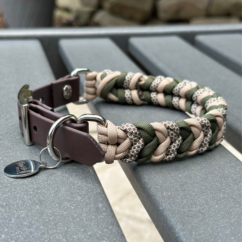 Coiled Charm Hand Braided Dog Collar in Olive, Light Tan, & Coyote Brown Diamonds - HT Animal Supply