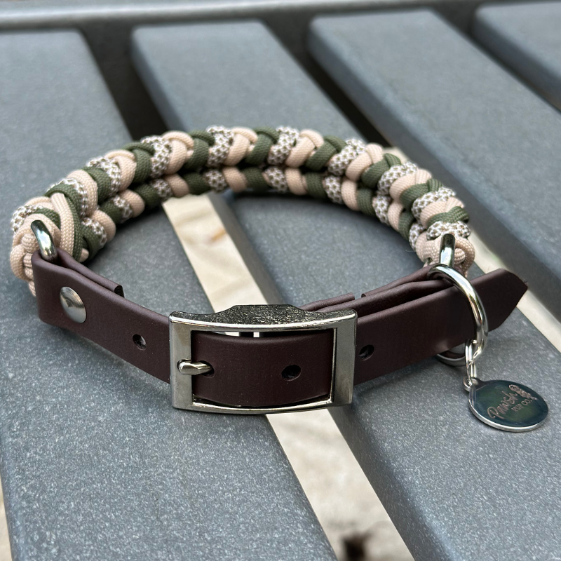 Coiled Charm Hand Braided Dog Collar in Olive, Light Tan, & Coyote Brown Diamonds - HT Animal Supply