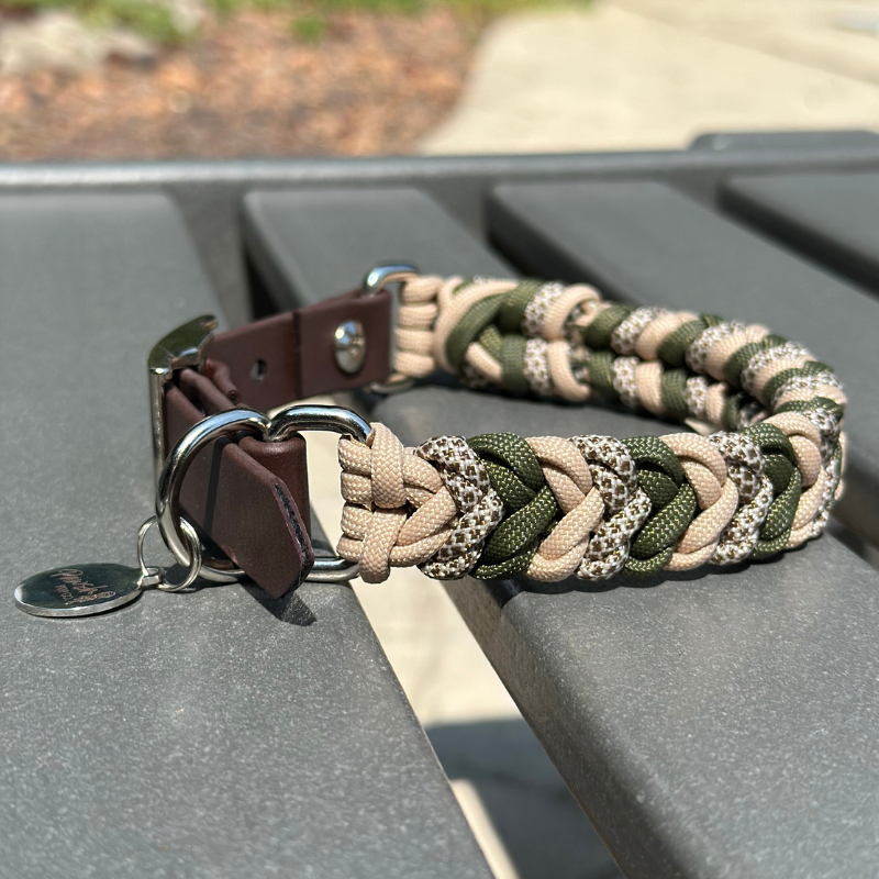 Coiled Charm Hand Braided Dog Collar in Olive, Light Tan, & Coyote Brown Diamonds - HT Animal Supply