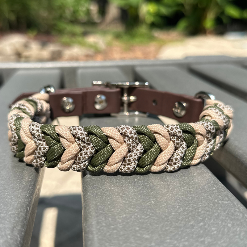 Coiled Charm Hand Braided Dog Collar in Olive, Light Tan, & Coyote Brown Diamonds - HT Animal Supply