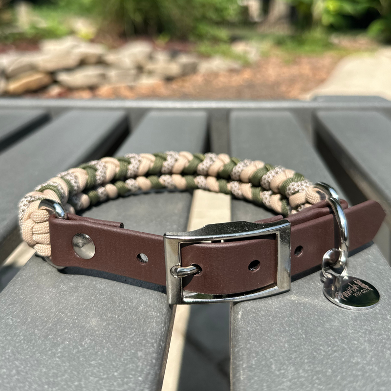 Coiled Charm Hand Braided Dog Collar in Olive, Light Tan, & Coyote Brown Diamonds - HT Animal Supply