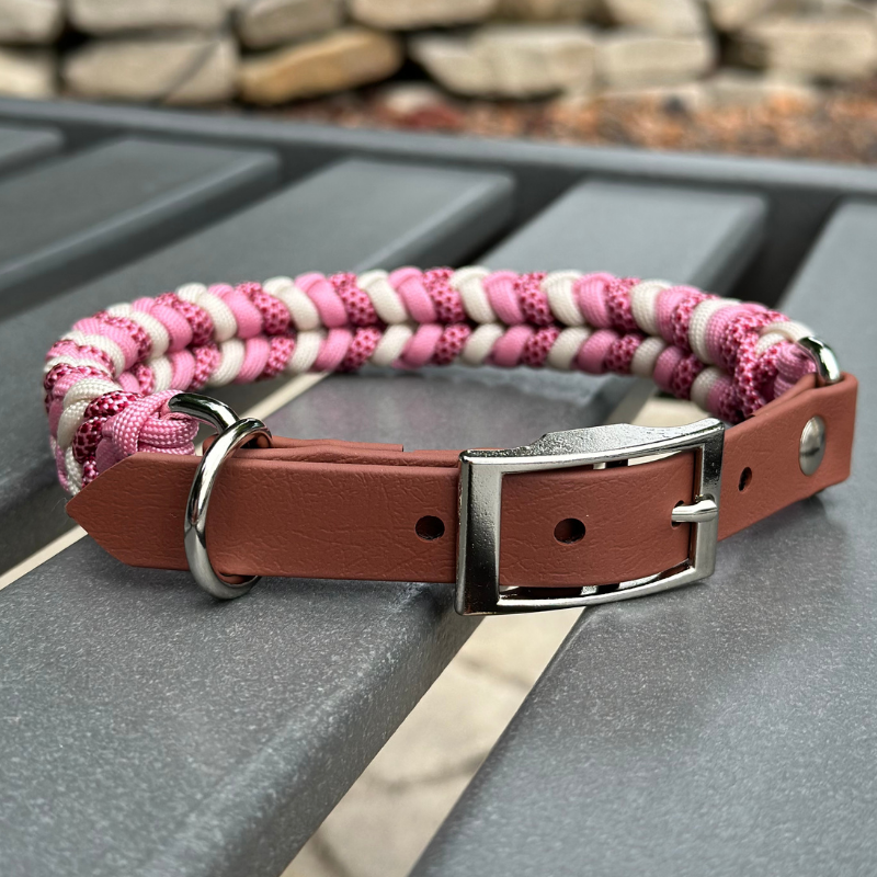 Coiled Charm Hand Braided Dog Collar in Pink, Red Diamonds, & Cream - HT Animal Supply