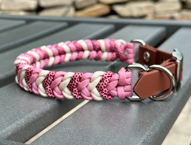Coiled Charm Hand Braided Dog Collar in Pink, Red Diamonds, & Cream - HT Animal Supply