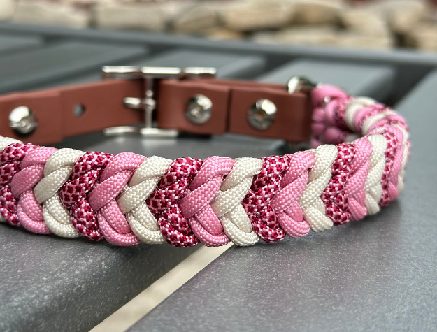 Coiled Charm Hand Braided Dog Collar in Pink, Red Diamonds, & Cream - HT Animal Supply