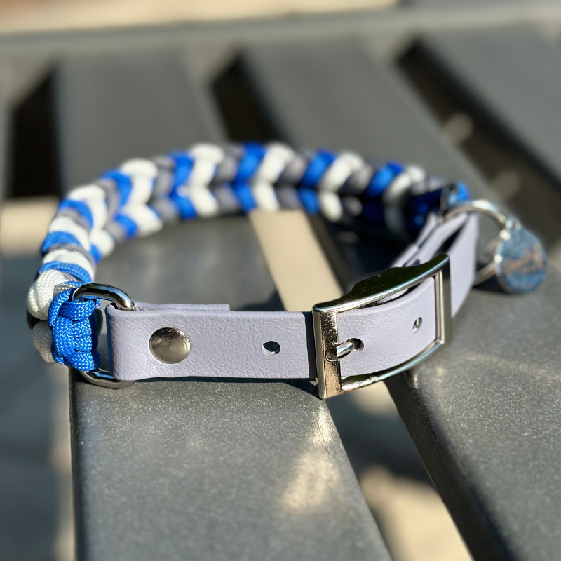 Coiled Charm Hand Braided Dog Collar in Royal Blue, Graphite, & White - HT Animal Supply