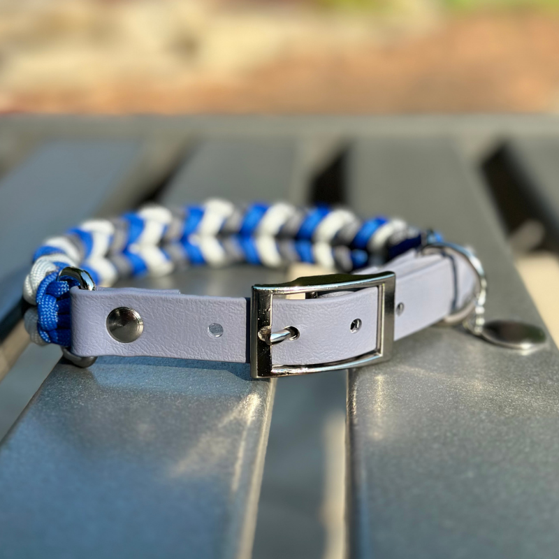 Coiled Charm Hand Braided Dog Collar in Royal Blue, Graphite, & White - HT Animal Supply