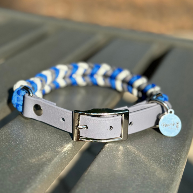 Coiled Charm Hand Braided Dog Collar in Royal Blue, Graphite, & White - HT Animal Supply