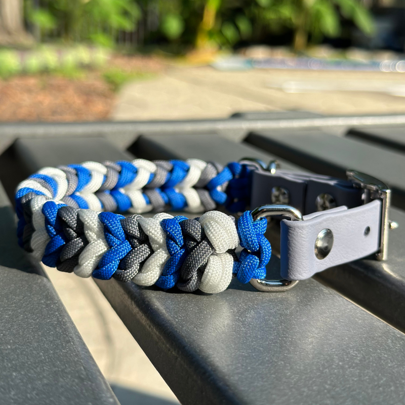 Coiled Charm Hand Braided Dog Collar in Royal Blue, Graphite, & White - HT Animal Supply