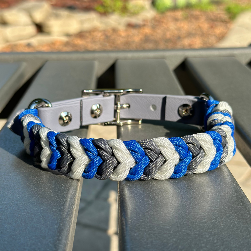 Coiled Charm Hand Braided Dog Collar in Royal Blue, Graphite, & White - HT Animal Supply