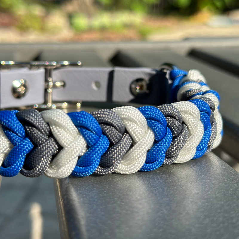 Coiled Charm Hand Braided Dog Collar in Royal Blue, Graphite, & White - HT Animal Supply