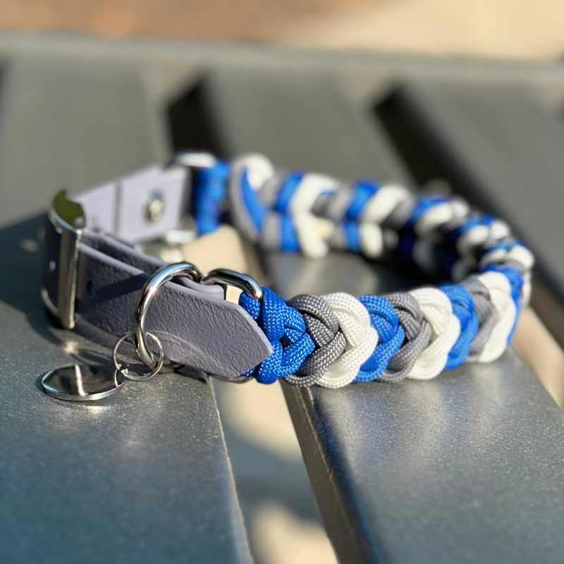 Coiled Charm Hand Braided Dog Collar in Royal Blue, Graphite, & White - HT Animal Supply