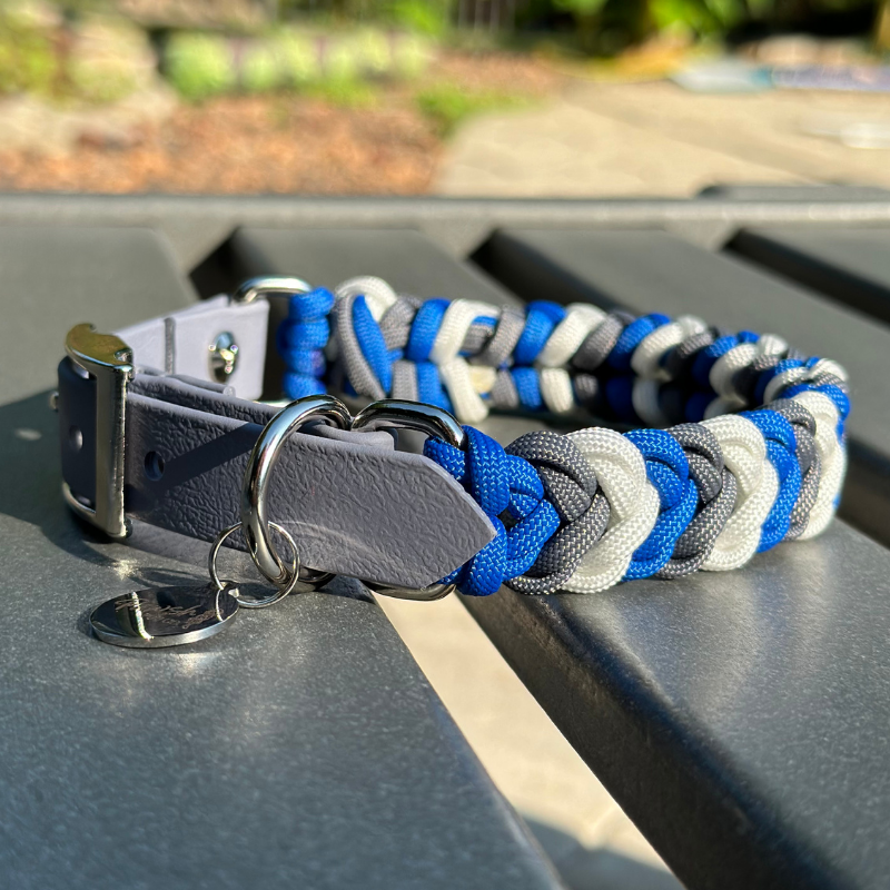 Coiled Charm Hand Braided Dog Collar in Royal Blue, Graphite, & White - HT Animal Supply