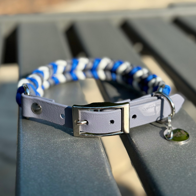 Coiled Charm Hand Braided Dog Collar in Royal Blue, Graphite, & White - HT Animal Supply