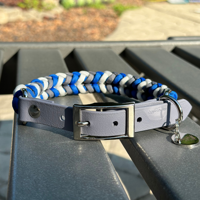 Coiled Charm Hand Braided Dog Collar in Royal Blue, Graphite, & White - HT Animal Supply