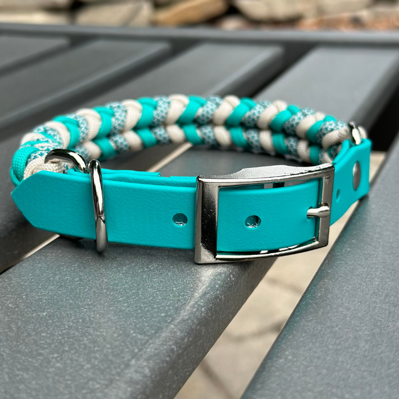 Coiled Charm Hand Braided Dog Collar in Teal, Cream, & Teal Diamonds - HT Animal Supply