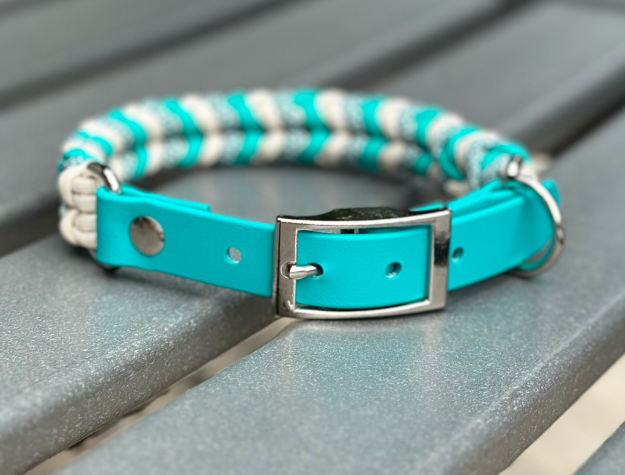 Coiled Charm Hand Braided Dog Collar in Teal, Cream, & Teal Diamonds - HT Animal Supply